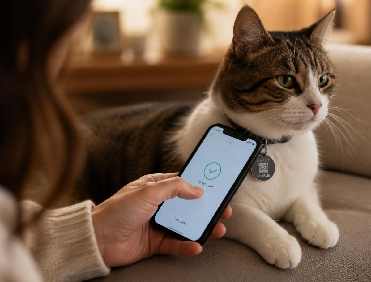 A person tapping a phone against a cat's smart tag