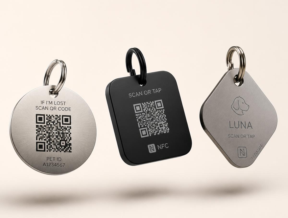 Three Petyhub pet tags: basic QR, smart QR plus NFC, and premium titanium